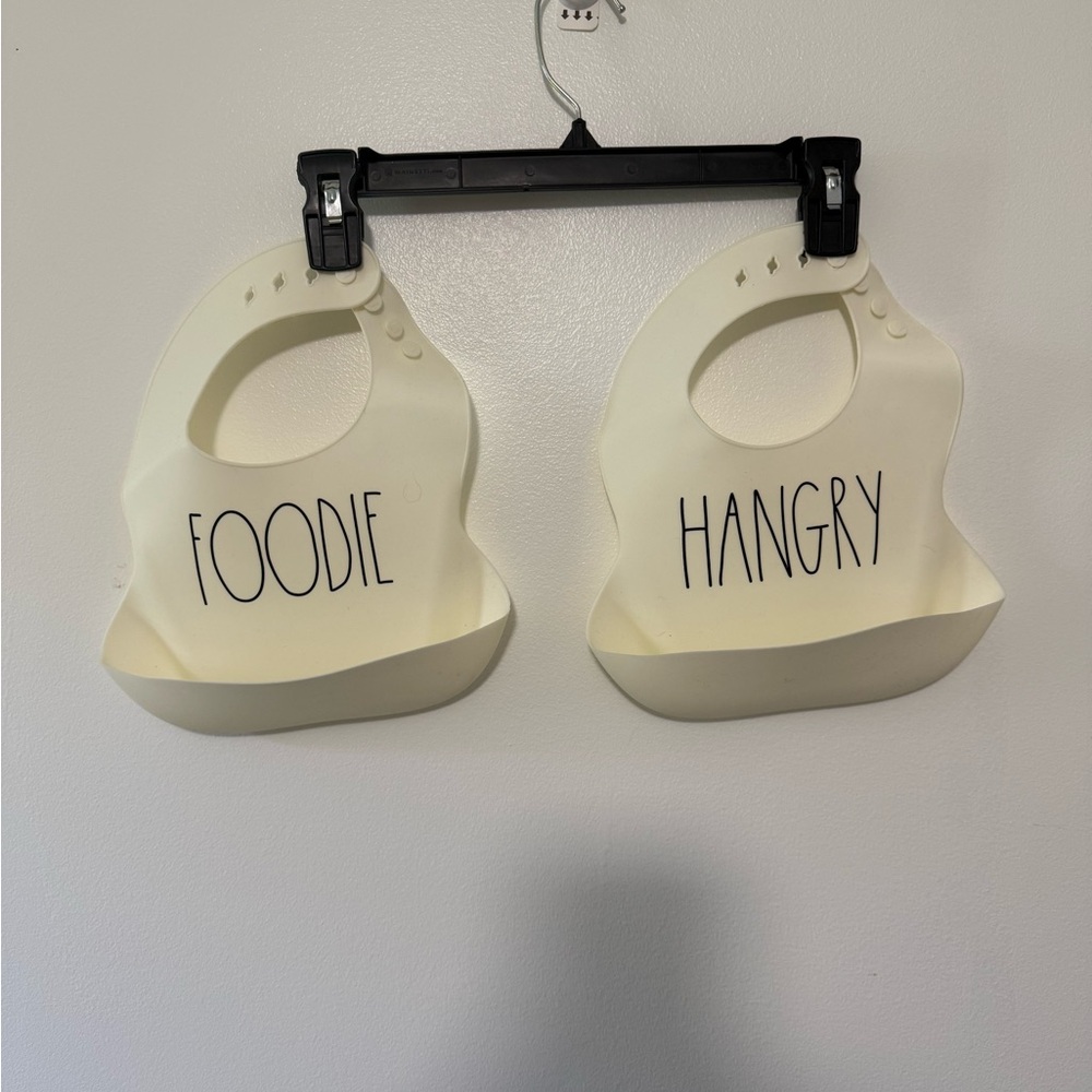 Rae Dunn Cream Silicone Baby Bibs with Black Lettering - "FOODIE" & "HANGRY"